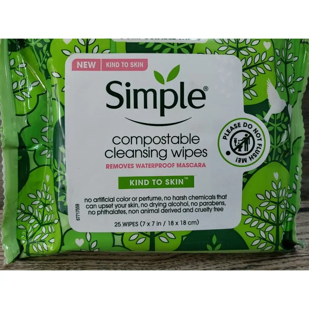 Simple Compostable Cleansing Wipes Kind To Skin Removes Waterproof Mascara 25Ct